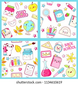 Set of different vector seamless retro patterns (tiling) with cute animals in kawaii style. Endless texture can be used for pattern fills, web page background, education design, scrapbooking paper