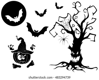 Set of different vector silhouettes with Halloween attributes, namely irate dried old tree, angry pumpkin in the hat, bats, full moon, spider on cobweb