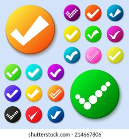 Set of different vector simple circle shape internet button with check mark or tick. Confirmation acceptance positive passed voting agreement true or completion of tasks on a list. Web design elements