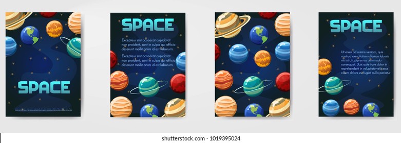 Conjunto de diferentes espacios vectoriales,universo con planetas de volante, revista, afiche,portada, banner,tarjeta de saludo,invitación.