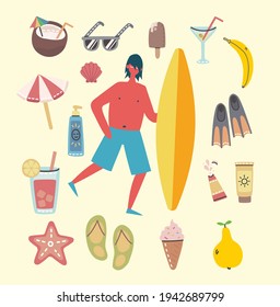 Set of different vector summer people and icons in the flat style