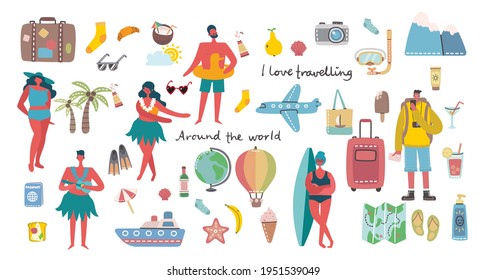 Conjunto de diferentes vectores de viajes de verano personas e iconos en el estilo plano