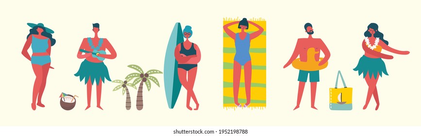 Set of different vector summer travel people and icons in the flat style