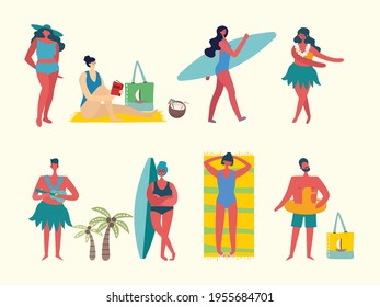 Conjunto de diferentes vectores de viajes de verano personas e iconos en el estilo plano
