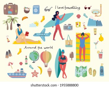 Set of different vector summer travel people and icons in the flat style