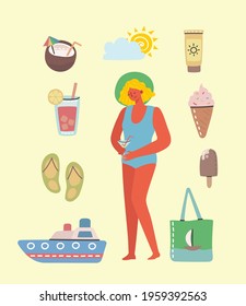 Set of different vector summer travel people and icons in the flat style