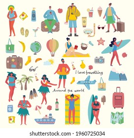 Set of different vector summer travel people and icons in the flat style