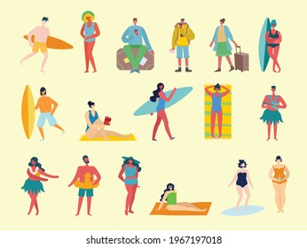 Set of different vector summer travel people in the flat stye