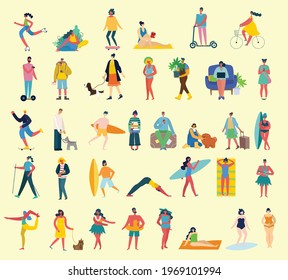 Set of different vector summer travel people in the flat style