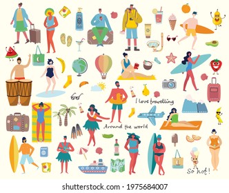 Set of different vector summer travel people and icons in the flat style