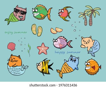 Set of different vector summer travel animals, mermaids and icons in the flat style