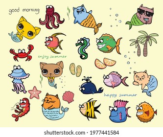 Set of different vector summer travel animals, mermaids and icons in the flat style
