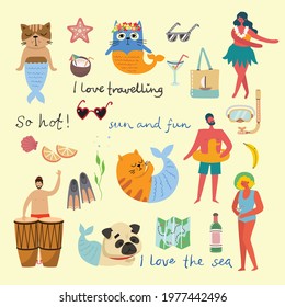 Set of different vector summer travel people and icons in the flat style