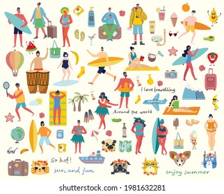 Conjunto de diferentes vectores de viajes de verano personas e iconos en el estilo plano