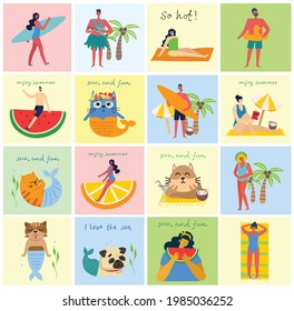Reihe verschiedener Vektorsommerreisen Menschen und Symbole im Flachstil