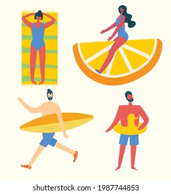 Set of different vector summer travel people and icons in the flat style