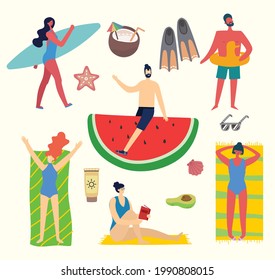 Set of different vector summer travel people and icons in the flat style