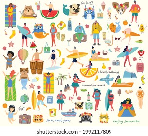 Set of different vector summer travel people and icons in the flat style