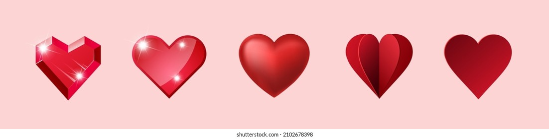 Conjunto de diferentes vectores vectores volumétricos hermosos corazones. Corazones rojos con un estilo diferente.