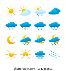 Set of different vector weather icons isolated on the white background. Sun, cloud, rain, snow, wind, fog and night.
