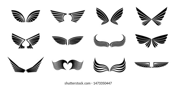 Set of different vector wings isolated on white background. black wing icons. logo template illustration.