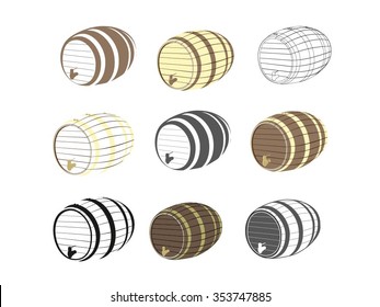 Set of  different vector wooden barrels in outline, line, colored style. 