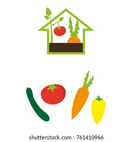 A set of different vegetable icons and a home garden icon