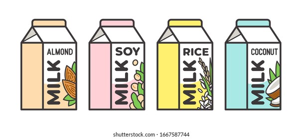 Set of different vegetable milk - almond, rice, coconut, soybeans. Vegan, vegetarian product for cooking food and drink. 