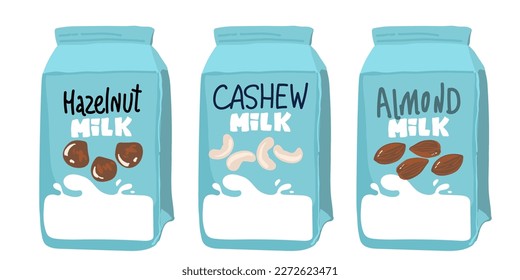 Set of different vegetable milk - almond, rice, coconut, soybeans. Vegan, vegetarian product for cooking food and drink.