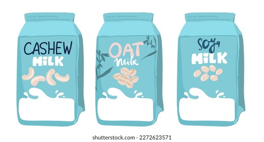 Set of different vegetable milk - almond, rice, coconut, soybeans. Vegan, vegetarian product for cooking food and drink.