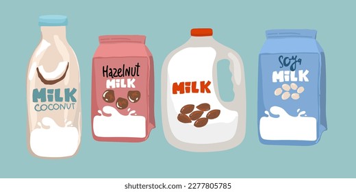 Set of different vegetable milk - almond, rice, coconut, soybeans. Vegan, vegetarian product for cooking food and drink