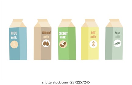 Set of different vegetable milk - almond, rice, coconut, soybeans. Vegan, vegetarian product for cooking food and drink.