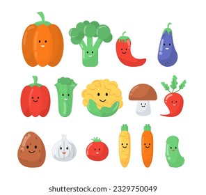 Conjunto de diferentes verduras. brócoli, calabaza, pepino y tomate. Zucchini y pimienta, hongos. Productos naturales y orgánicos. Colección vectorial plana de dibujos animados aislada en fondo blanco