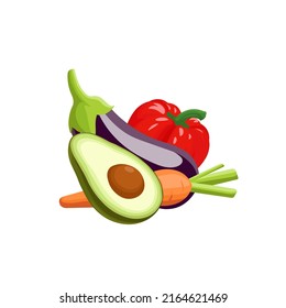 Set of different vegetables in cartoon flat style. Avocado, egg plant, bell pepper, carrot. 