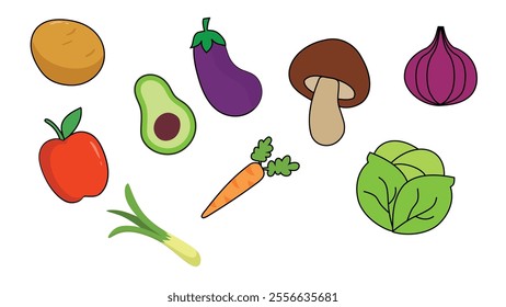 Set of different vegetables. Collection of healthy vegan dan vegetarian food. Vector of various types of vegetables isolated on white background