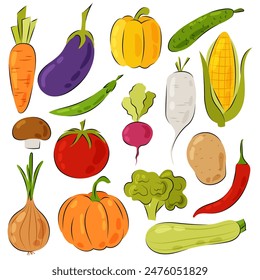 Set of different vegetables in flat style. Fresh vegetables on a white background. Healthy food.