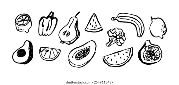Set with different vegetables and fruits in doodle style. Vector illustration for design.