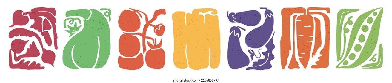 Set of different vegetables growing in garden. Abstract paper cut print for agriculture. Infant cartoon doodles of tomato, eggplant, pumpkin, carrot, pepper, beet, radish, green beans. Isolated vector