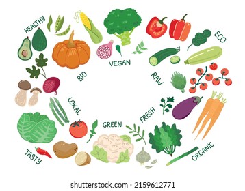 Set of different vegetables isolated on white background. Colourful vector illustration with healthy food. Green natural organic nutrition. Fresh grocery products. 