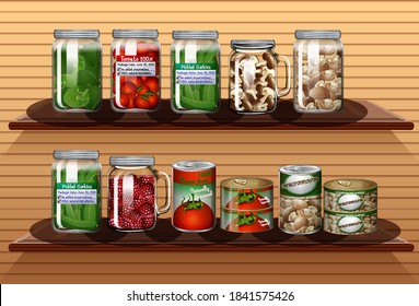Set of different vegetables in different jars and canned foods on wall shelves illustration