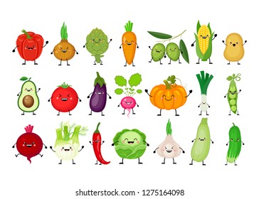 Set of different vegetables. Kawaii vegetables. Smiling pumpkin, carrot, eggplant, bell pepper, tomato, avocado, artichoke, cabbage, fennel, onion, garlic, cucumber, peas, potato