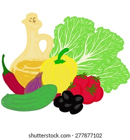 Set of different vegetables and oil in the bottle