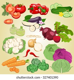 Set of different vegetables on a beige background. Healthy food.