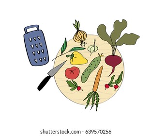 Set of Different Vegetables on Kitchen Board. Vector Illustration.