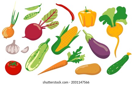 A set of different vegetables. Vegan healthy food. Harvest organic healthy food. Vector flat elements for design.