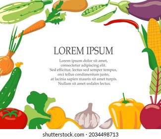 A set of different vegetables. Vegan healthy food. Harvest of organic healthy food. Vector background for menu or invitation template