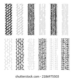 Set of different vehicle wheel track silhouettes isolated on white background. Grunge outline tire treads for different transportation designs