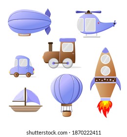 El conjunto de diferentes vehículos es azul. Coche, barco, cohete, globo, tren, helicóptero, barco. Ilustración infantil