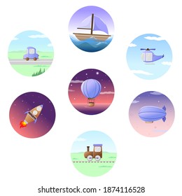 A set of different vehicles. Children's illustration. Ship, car, rocket, helicopter, train, balloon, airship, road, sky, stars, sea