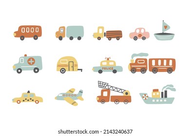 Set of different vehicles: fire truck, taxi, ambulance, boat, steamer, plane, truck, car, bus. Vector illustration.